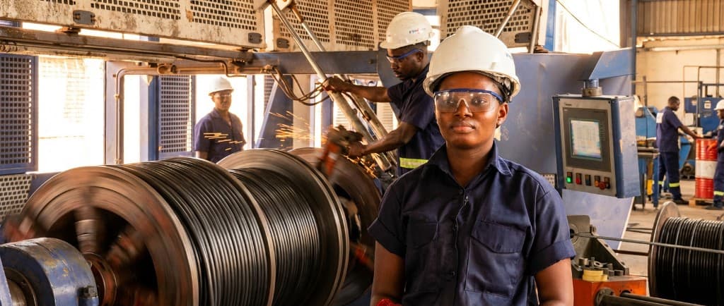 Reroy Electric manufacturing floor with cable spooling, workers in safety gear, and industrial equipment